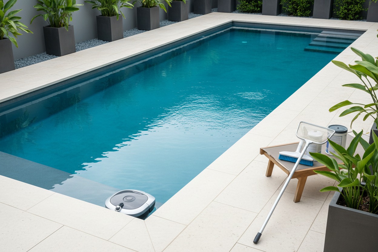 Un robot limpiafondos automático trabaja en una piscina moderna rodeada de baldosas claras y plantas en macetas.